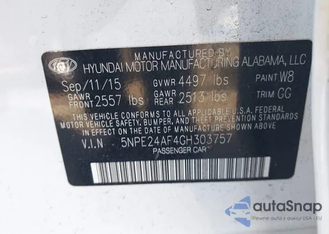 2016 Hyundai Sonata Se z USA, uszkodzony, nr VIN 5NPE24AF4GH303757